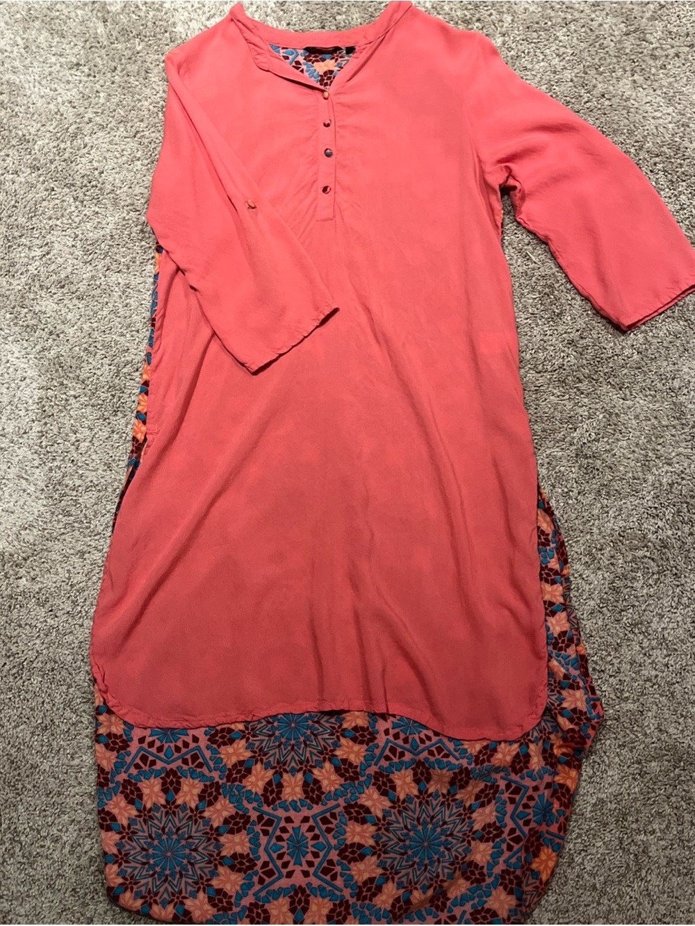 Melange Coral Tunic with Blue & Orange Mosaic Hem high low 100%Rayon